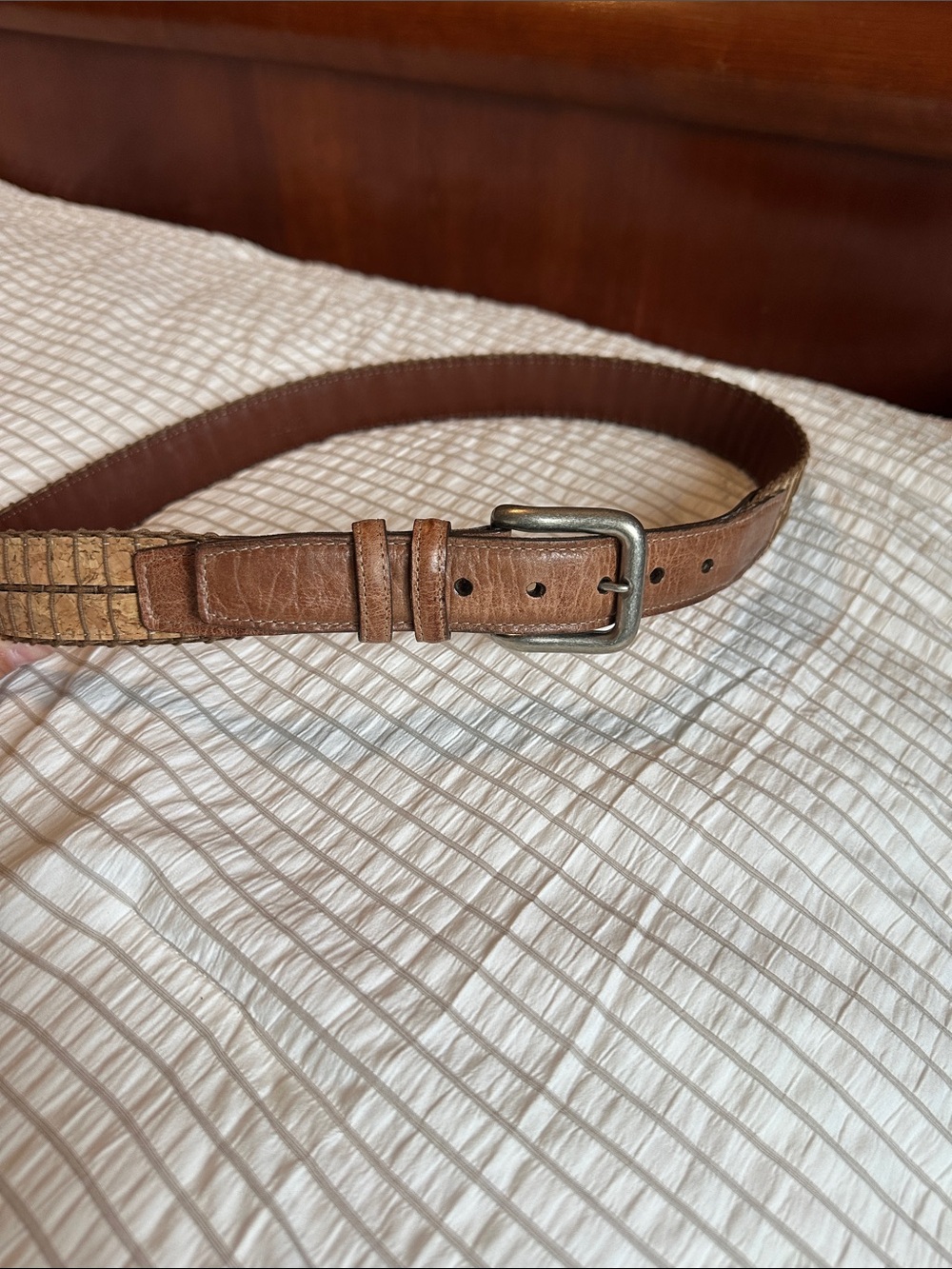 Men's Brown Leather Cork Belt with Distressed Silver Buckle